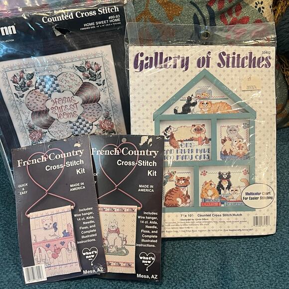 Vintage Cross Stitch Kits Set of 4 Wood Trinket Shelf House Cats Home Sweet Home - Picture 1 of 16